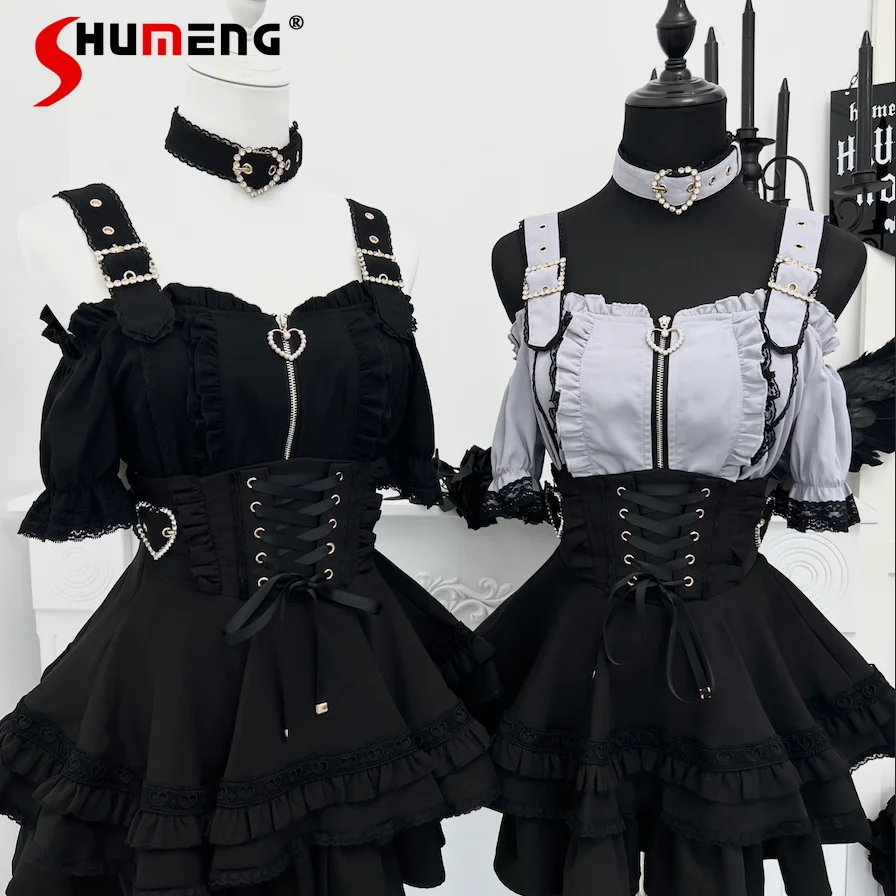 

Japanese Style Subculture Gothic Off-shoulder Bubble Sleeve Zipper Shirts High Waist Lace-up A-line Skirts Two-piece Sets Women