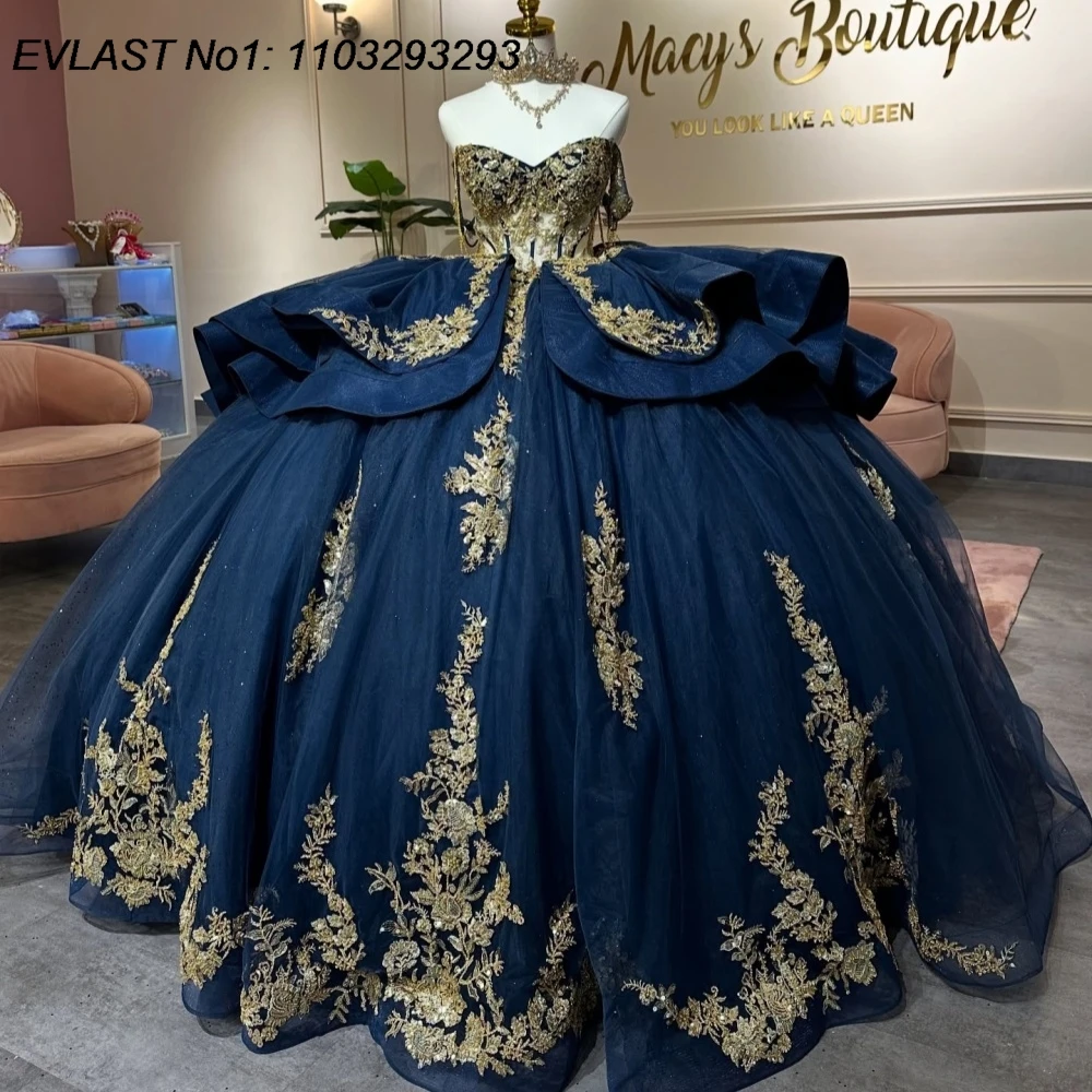 

EVLAST Блестящее темно-синее платье Quinceanera с открытыми плечами по индивидуальному заказу, золотое кружевное платье с аппликацией и бисером, Sweet 16, Vestidos De 15 Anos E1QN396