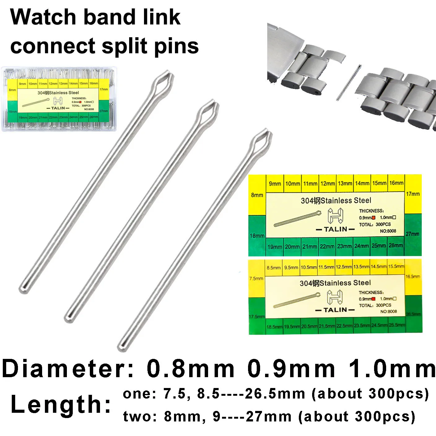 300PCS Watch Band Link Bars 0.8 0.9 1.0mm Watch Strap Links Connecting Rod Hairpin Split Pin 7.5mm 21 22 -27mm Repair Tools Pins