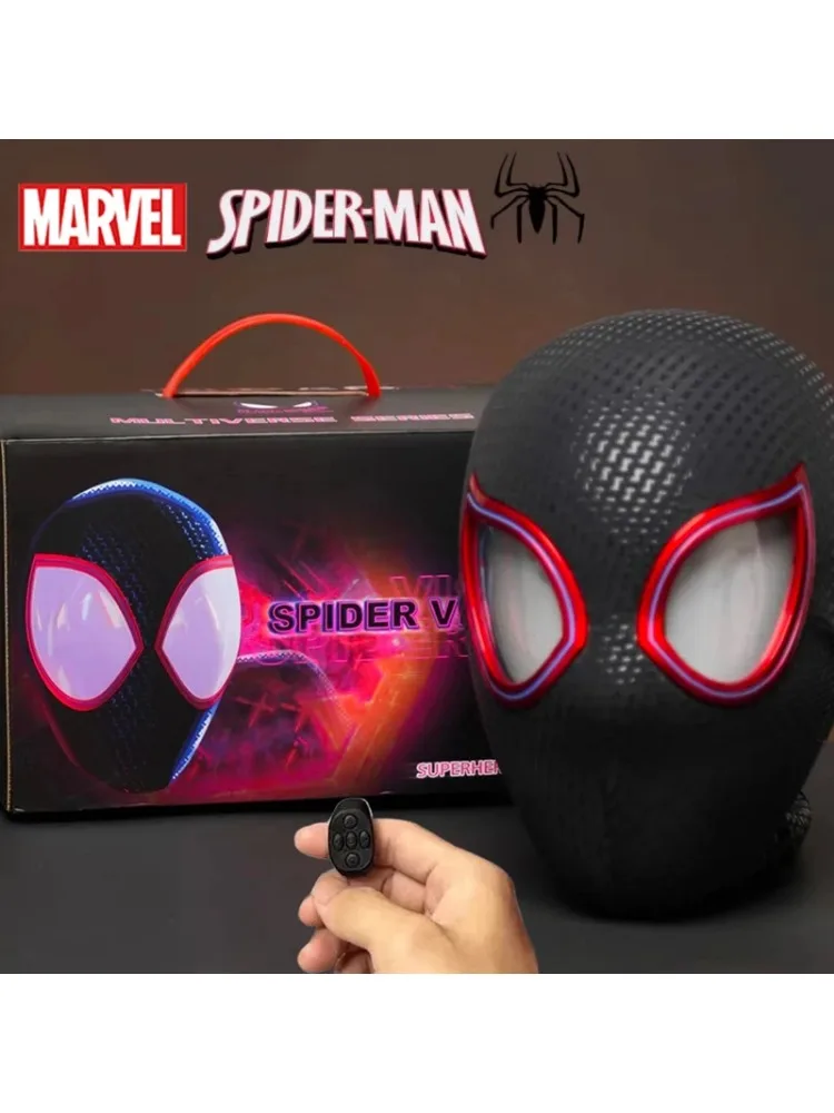 Auf Lager: Miles Spider-Man 1:1 Maßstab Elektronische Maske mit Beweglichen Leuchtenden Augen, Ringsteuerung, Cosplay-Spielzeug, Geschenk für Jungen