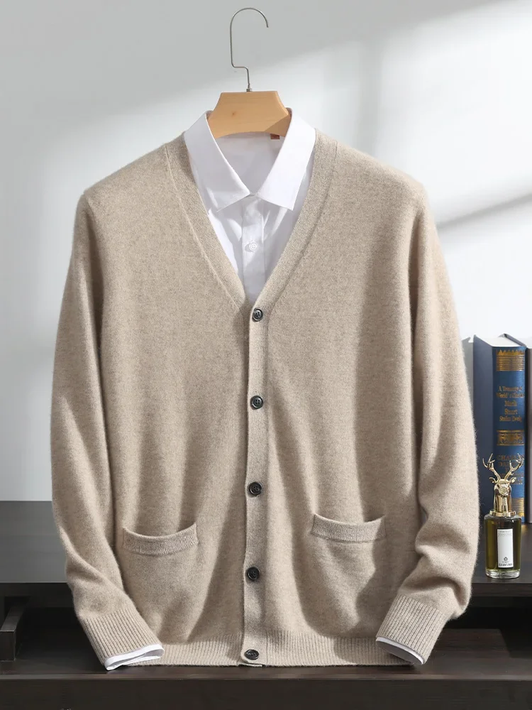 Men's 100% Pure Cashmere Sweater V-Neck Cardigan Green Loose Plus Size Knitted Coat Autumn Winter Middle-Aged Fashion