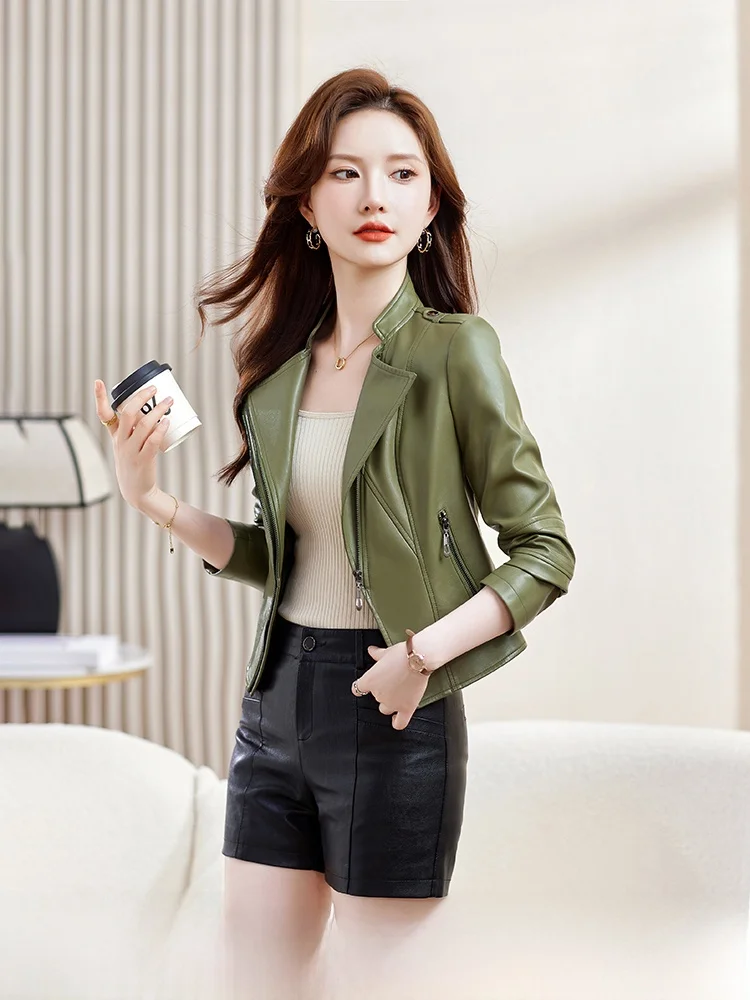 

Faionable Motorcycle Sle eepskin Leather Jaet Women's Coat Slim Fit Korean Version Spring Autumn New Arrival