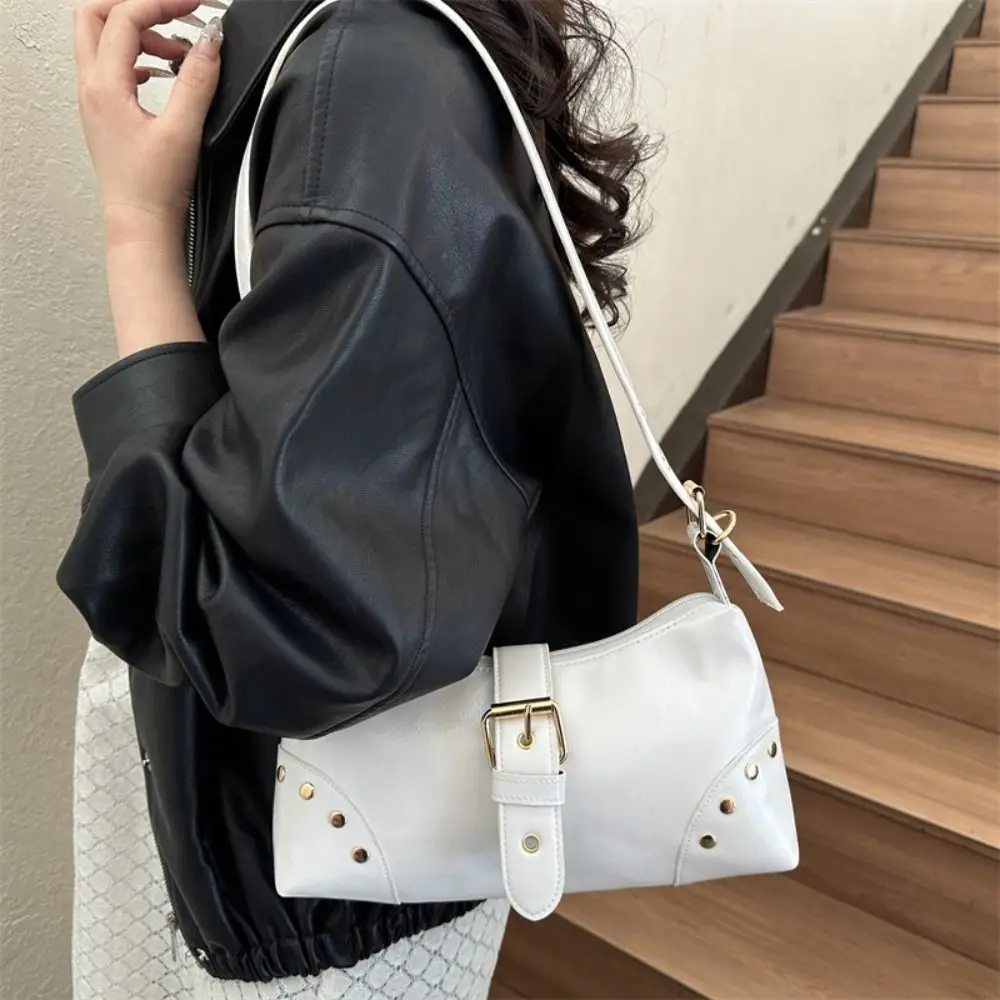 Casual Designer Buckle Armpit Bag Y2k Vintage Rivet Shoulder Bag Gothic Pu Leather Spicy Girl Handbag Female