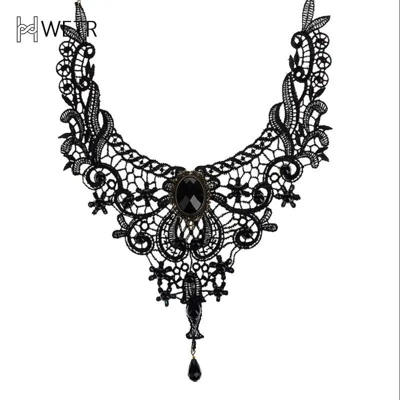 1Pc Gothic Punk Style Gem Decoration Women Black Lace Beads Choker Collar Necklace Chocker Pendant Necklaces Jewelry Gift