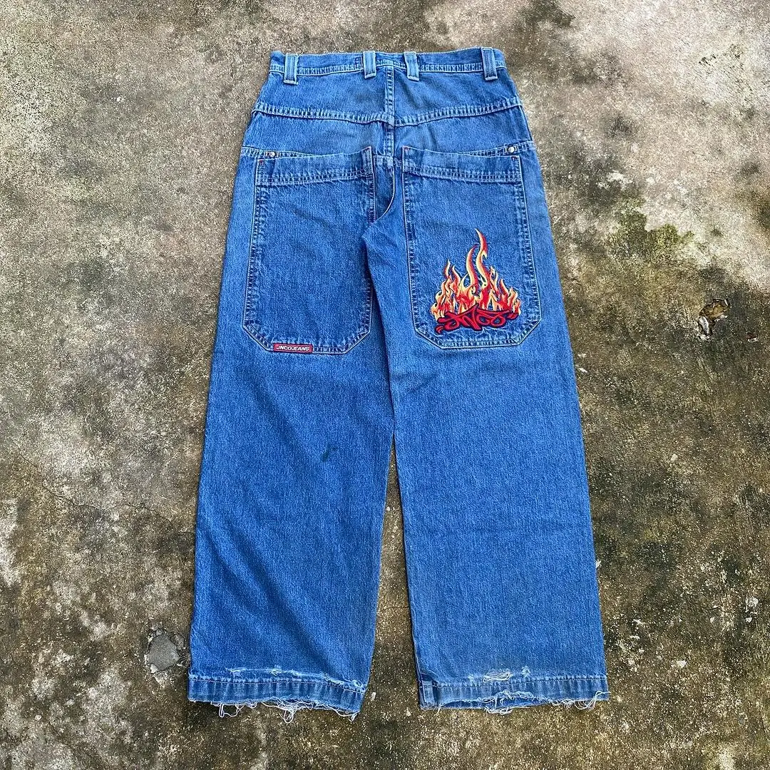 

JNCO embroidered flame retro jeans washed zipper splicing American high street fashion brand retro niche loose straight pants