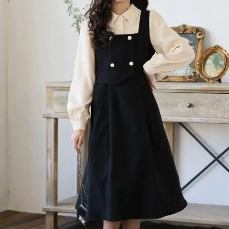 Urocze dziewczęce bluzki i sukienki w stylu kawaii, studenckie, na wiosnę i jesień, codzienne koszule z kołnierzykiem, spódnice w kształcie litery A, imitacja dwuczęściowej odzieży dziecięcej.