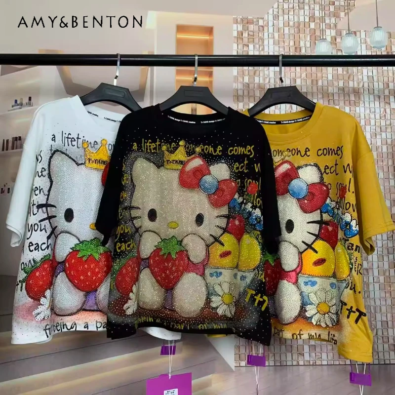

Autumn New Heavy Industry Full Diamond Strawberry Cartoon Tees Cute Age-Reducing Fashion Petite Short Sleeves T-shirts Pullover