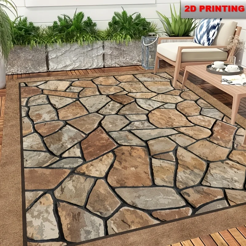 VIKAMA Stone-Patterned Outdoor Courtyard Carpet, Anti-Slip Waterproof Floor Mat for Balcony, Garden and Home Decor