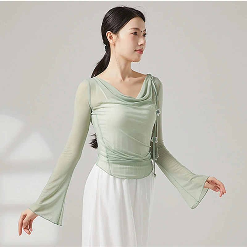 Classical Dance Top Women Practice Clothes Long Micro Flared Sleeve Pleated shirt Gauze Mesh Blouses Solid Slim Stage Costumes