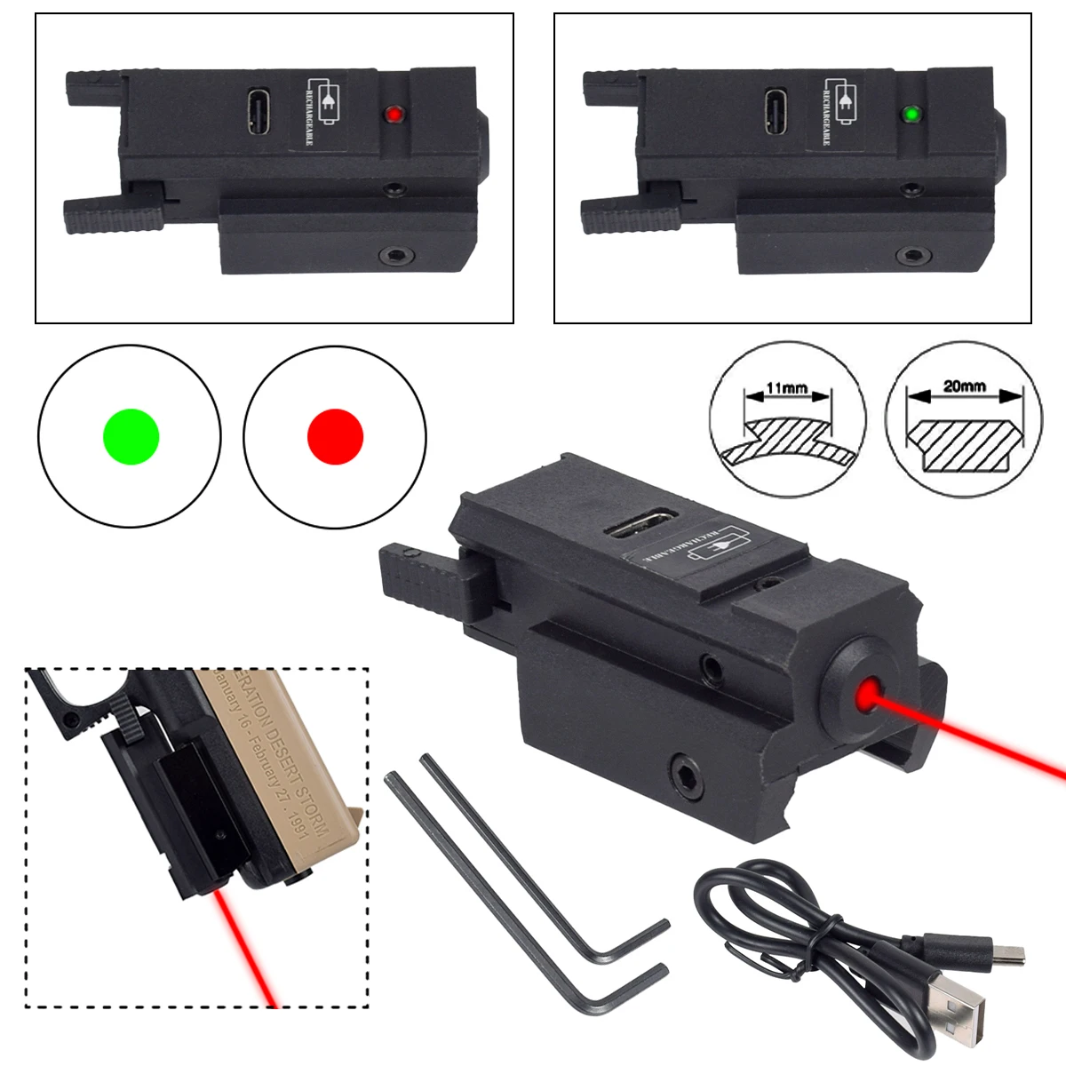 Red Green Laser Sight Ultra-Low Profile Aluminum 20MM 11MM Rail Sight Adjustable Pointer Collimator Pistol Rifle Airsoft USB