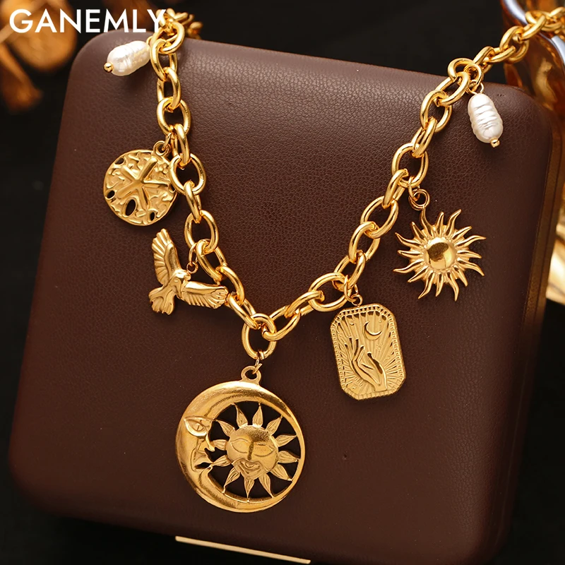 

GANEMLY 316L Stainless Steel Moon Sun Bird Pendant Necklace For Women Fashion Golden Handmade Neck Chain Waterproof Jewelry