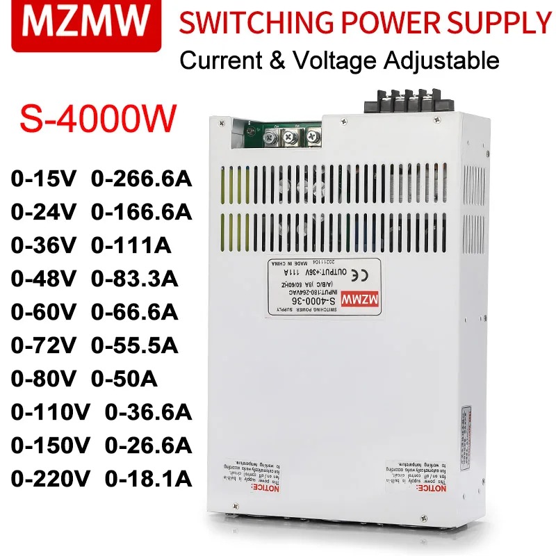 Mzmw Fonte de Alimentação de Comutação 4000w 24 36 48 60 72 110 220v ac dc Corrente & Tensão Ajustável Transformador de Alta Potência Adaptador de Alimentação