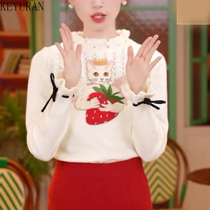 

Cat Embroidery Flare Sleeve Half High Collar Sweater Women 2024 Autumn Winter New Stylish Base Slim Pullover Knitted Tops Jumper