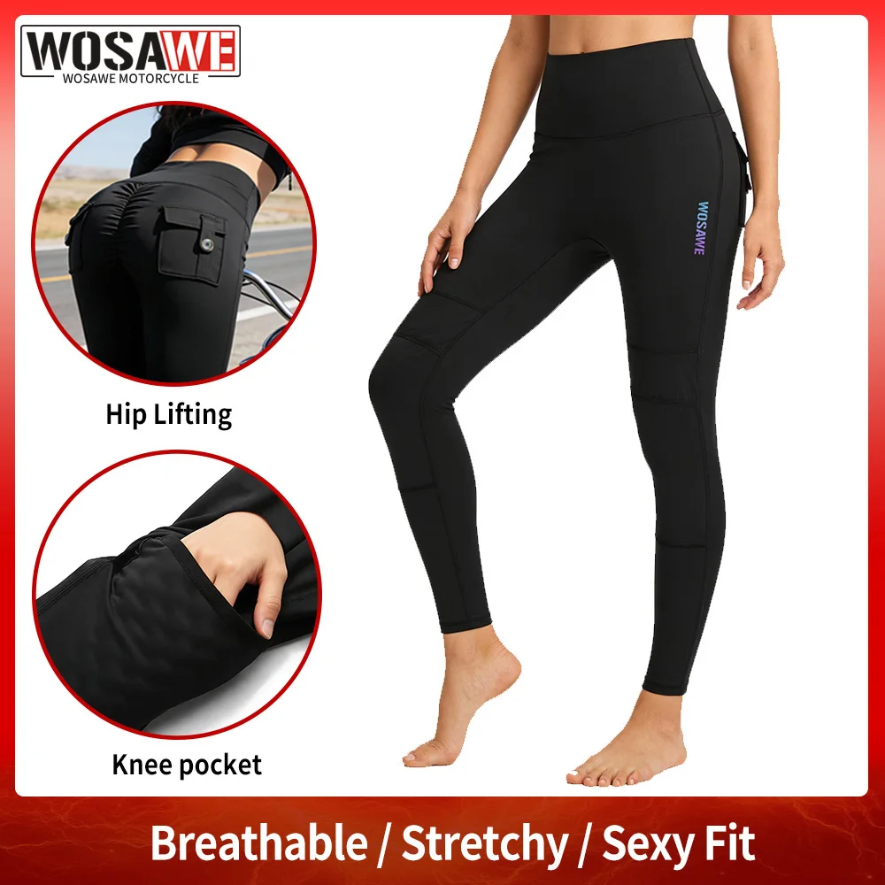 

WOSAWE Women Motocycle Style Pants with Knee Storage Pocket Outdoor Running Pants Hip Lifting Sexy Riding Yoga Fitness Leggings