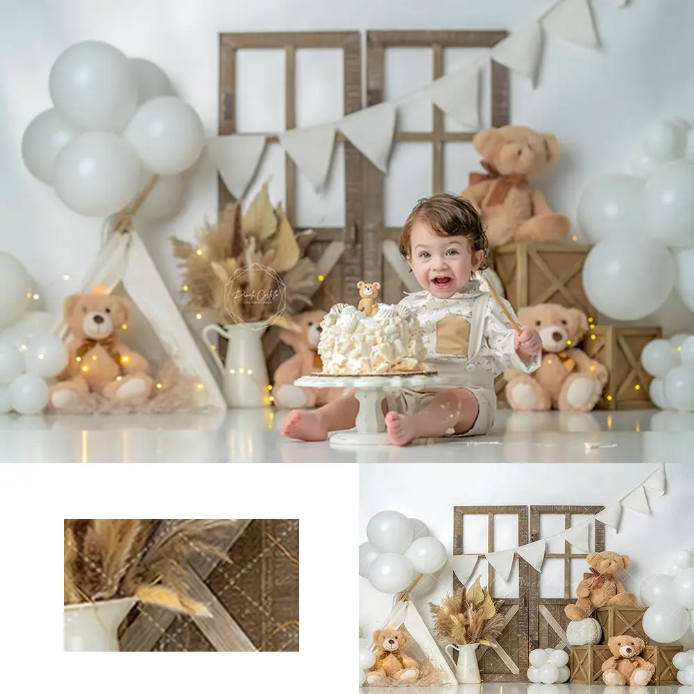 Little Bears Wooden Boxs Backdrop Kids Baby Cake Smash Photography Props Child Girls Adult Birthday Photo Backgrounds