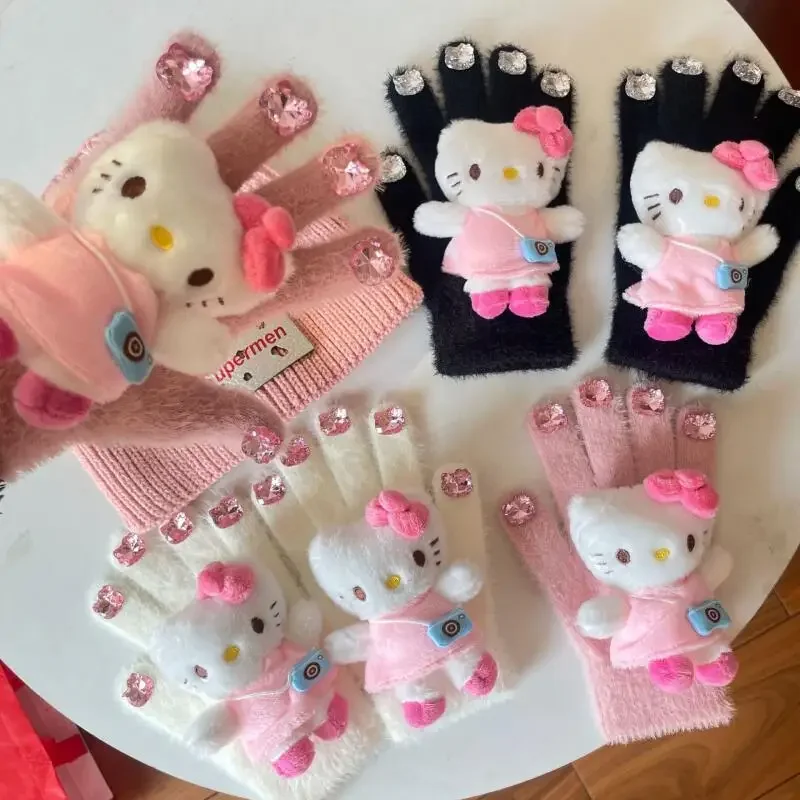 Vijf vingers handschoenen Hello Kitty schattige pluche handschoenen met strass Sanrio Kawaii Anime pop herfst winter warme outdoor handschoenen
