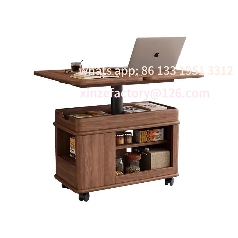 

Mobile foldable lifting tea table solid wood living room household medieval style small household side cart
