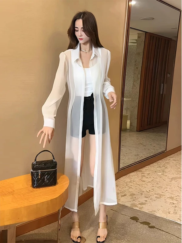 

Long Sleeve Women's Summer Fashion Sun Protection Shirt Thin over Knee Fairy Outerwear Versatile Knee-Length Open Cardigan Coat