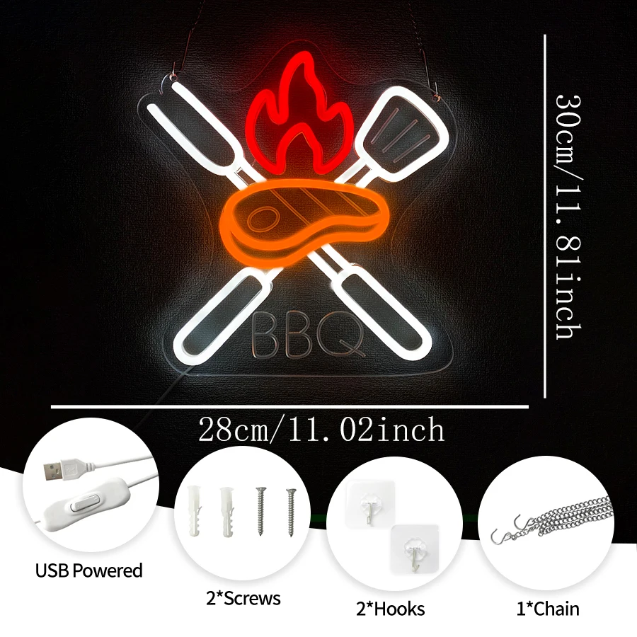 BBQ Neon Sign Barbecue LED Light Sign for Wall Decor BBQ Shop Bar Restaurant Party Man Cave Camping Decoration Gifts USB Powered