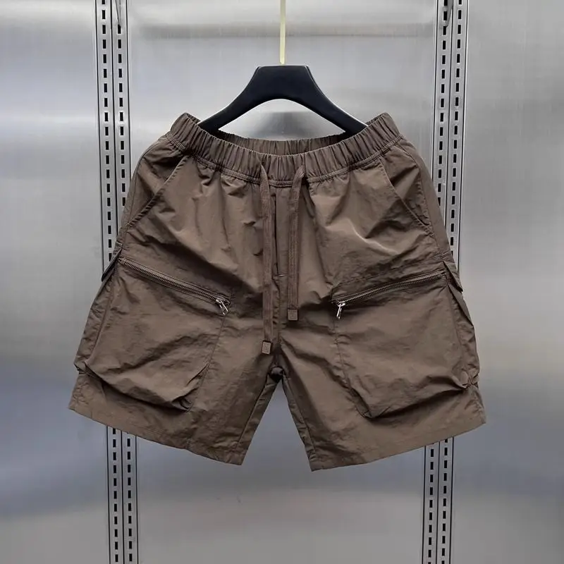 Men\'s Retro Multi Pocket Cargo Shorts Summer Thin Loose Straight Casual Outerwear Capris Solid Color Drawstring Short Pants