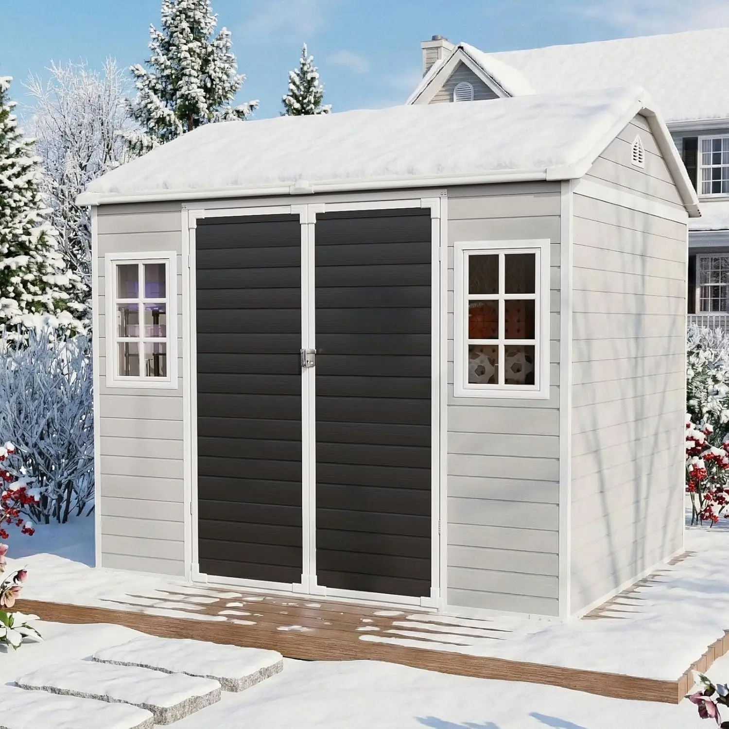 

8x6x7FT Resin Storage Shed Floor 2 Windows Reinforced Frame Waterproof Plastic Garden Kit Backyard Tools, Customized