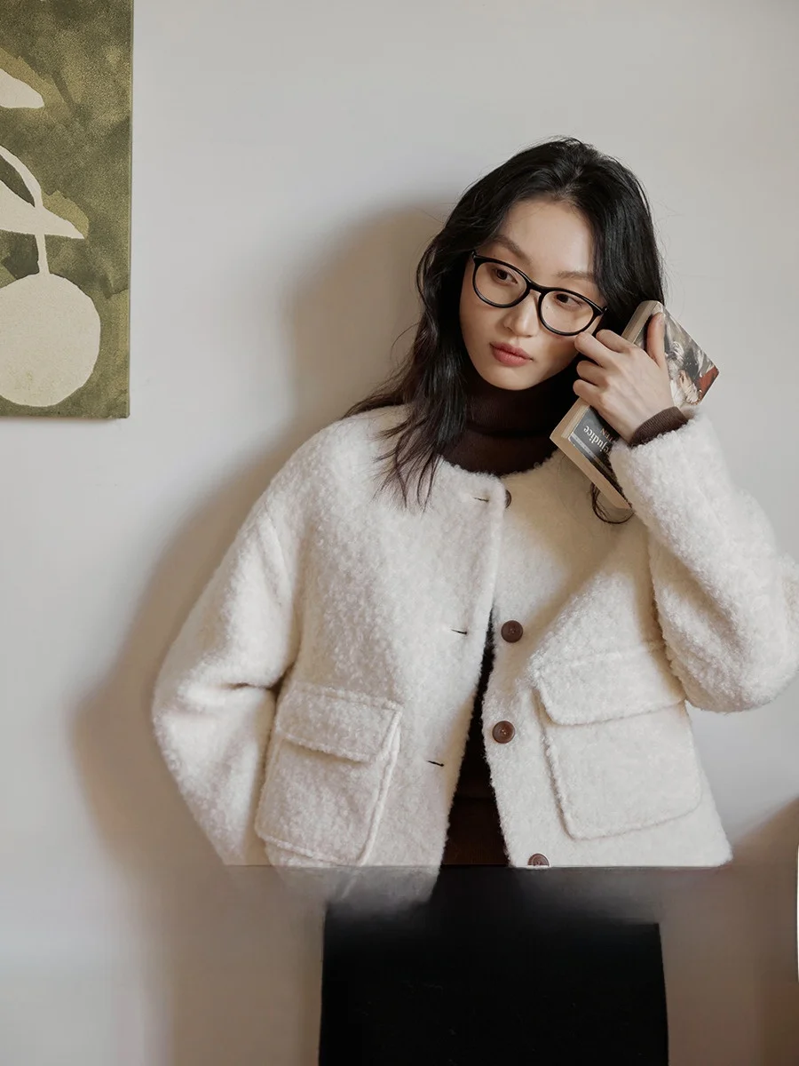 

Ginnkee Retro Commuter Woolen Circle ort Design Women's Autumn Winter Tweed Coat Ladies Faion Straight Cut Long Sve Bu...