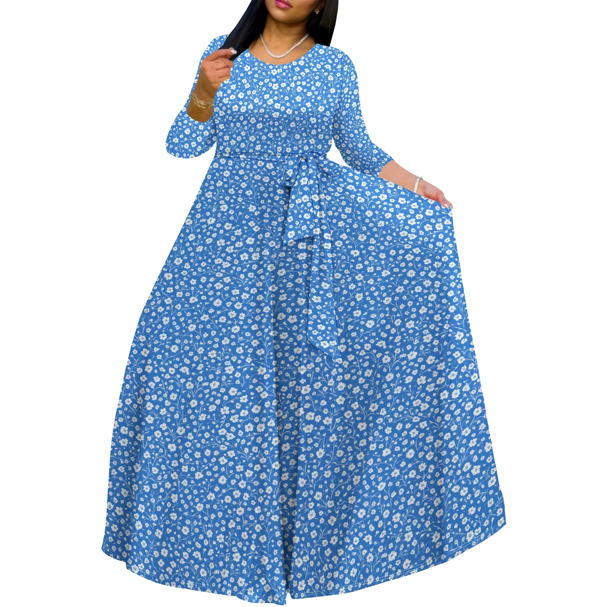 Vestido largo de otoño de talla grande de manga larga para mujer con curvas, cuello redondo, manga 3/4, vestido largo de cóctel