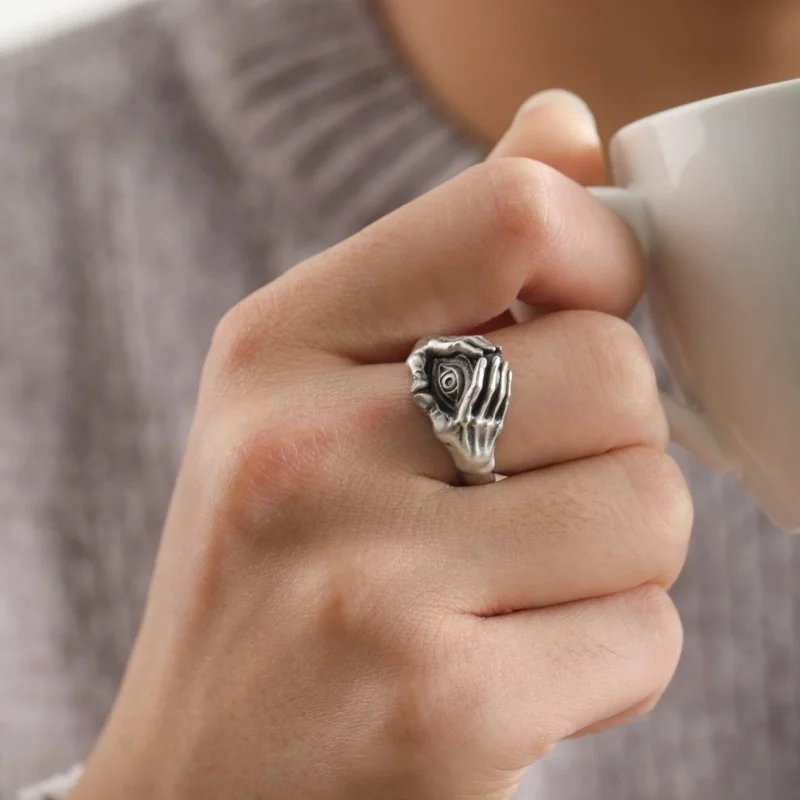 QEENKISS 925 Sterling Silver Vintage Hand Eye Rings for Men Male Birthday Wedding Party Christmas Boyfriend Father Gifts RG7006