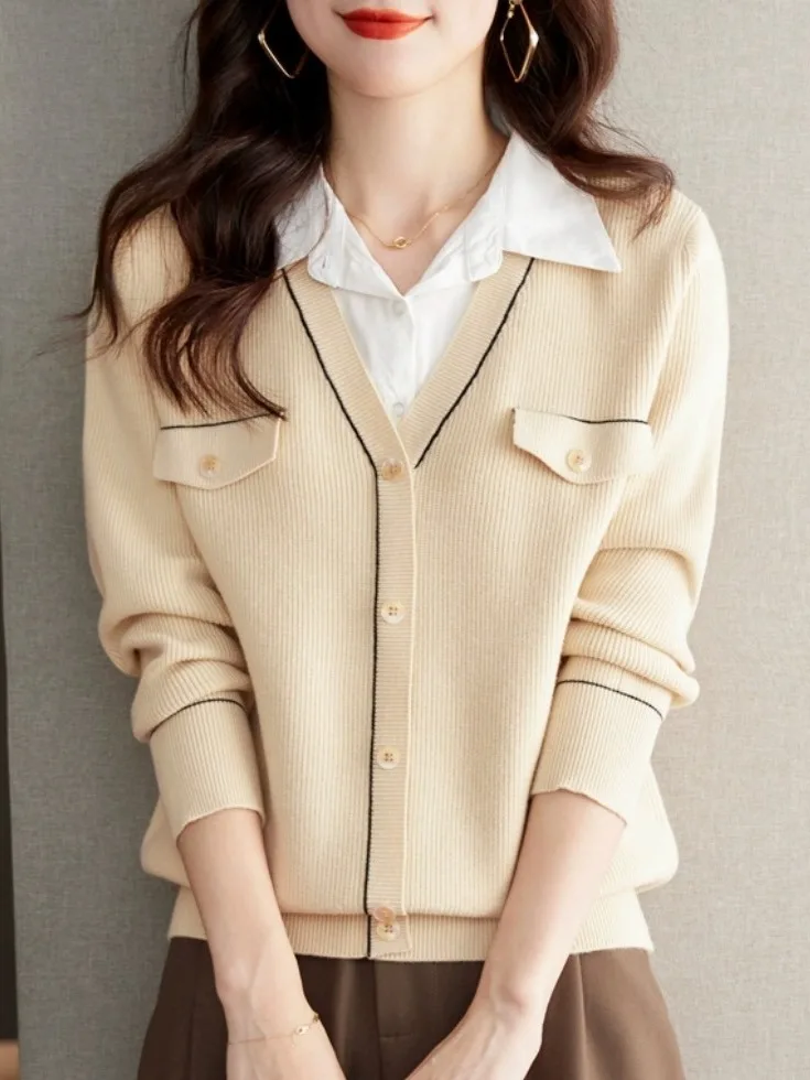 

Autumn Winter Women's Long Sve Knitted Sweater Fake Two-Piece Soft Cozy V-Ne Pullover Faion Commute Sle Loose Fit