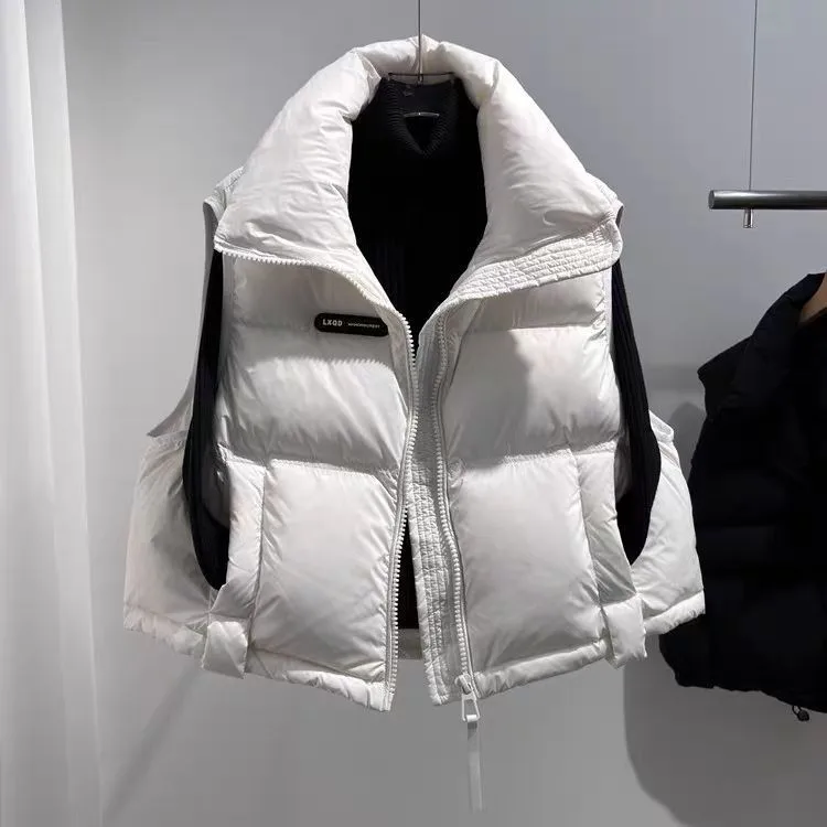 Women's down jacket vest, white duck down, stand collar, autumn and winter thickening, small short style, loose vest jacket