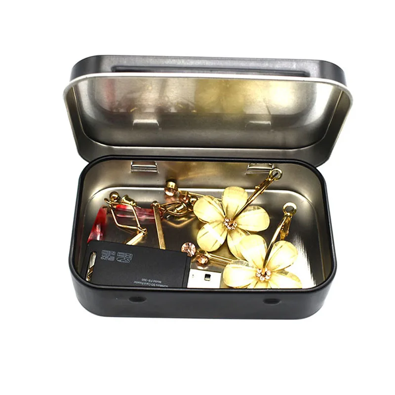 【BA】Black/Silver/ Square Hinged Flip Storage Box Mini Tin Boxes Empty Coin Candy Medicine Sealed Cans Portable Jewelry Organizer