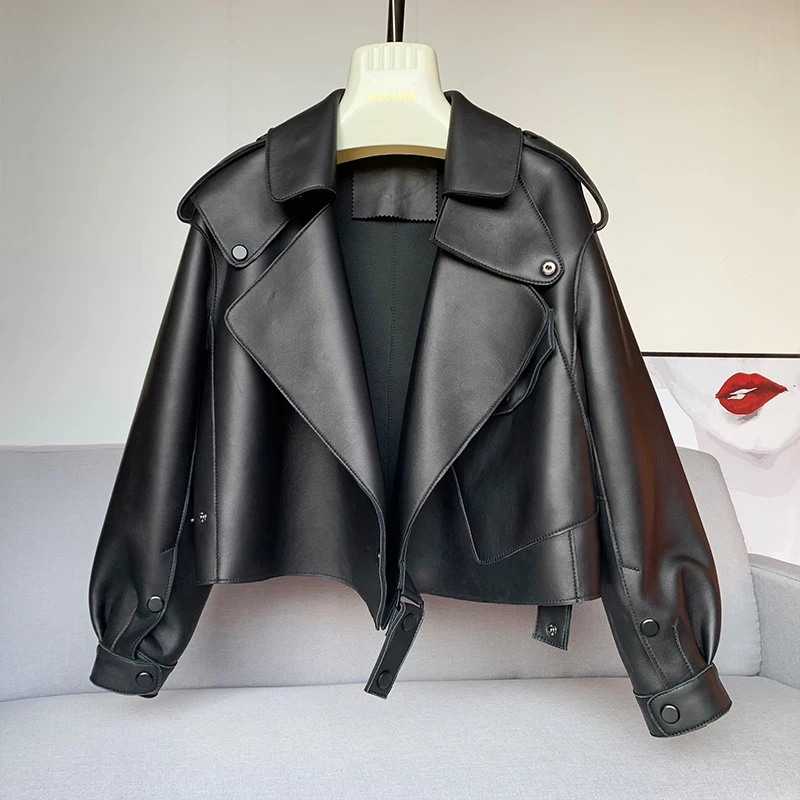 2023 Sheepskin Leather Coat Women's Short  Genuine Leather Short Haining Same Spring and Autumn Loose Edition Motorcycle Jacket