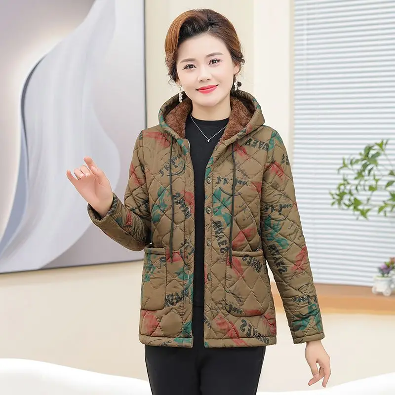 Women Hooded Quilted Cotton Coat Fleece Lined Warm Printed Winter Jacket For Middle Aged Elderly Mom