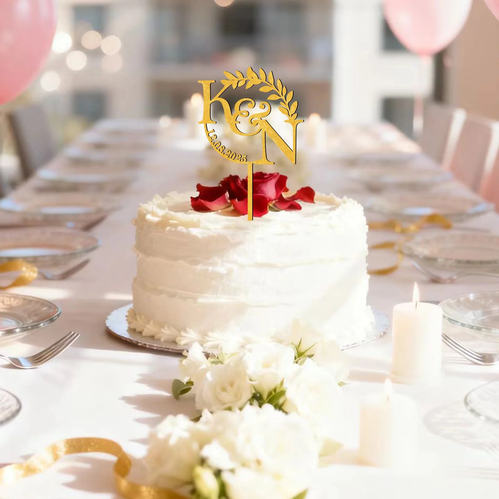 

Personalized Wedding Cake Topper Golden - Custom Initials & Date, 3 Sizes 4/5/6 inch, Double Sided 4mm Wooden