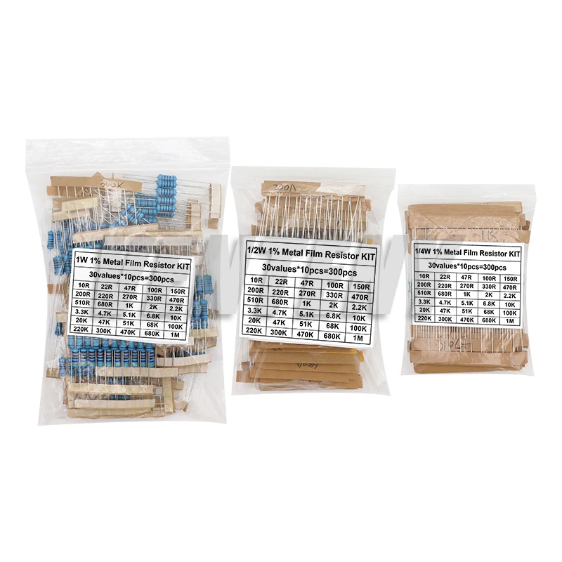 300pcs/Lot 1W 1/2W 1/4W 1% Metal Film Resistor Assorted Kit 30ValuesX10pcs=300pcs 10 Ohm - 1M Resistance Set