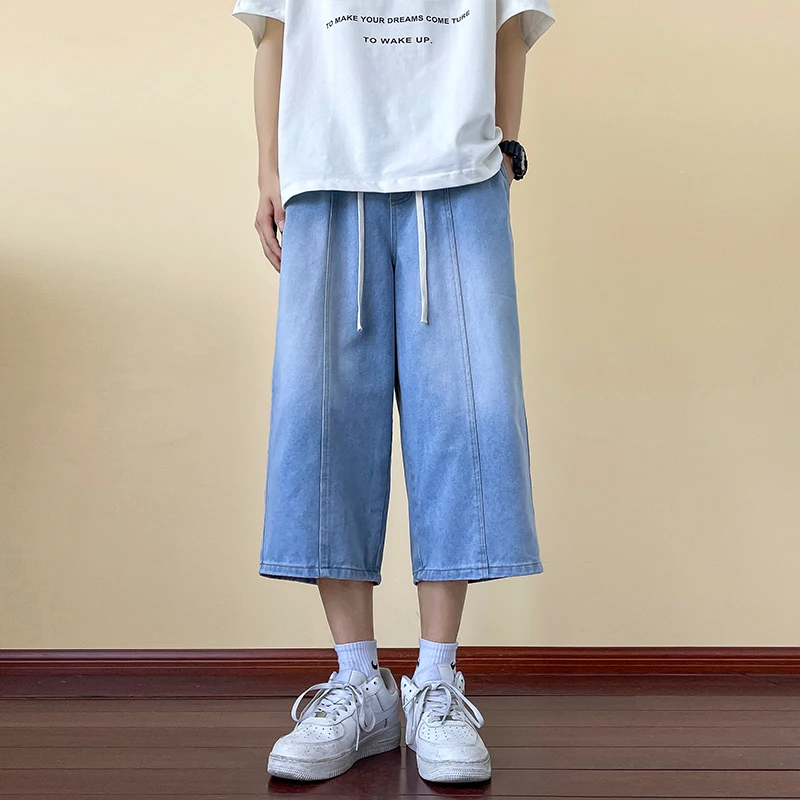 Vintage Men's Short Jeans Blue Hiphop Jorts Drawstring Spliced Straight Oversize Cropped Pants