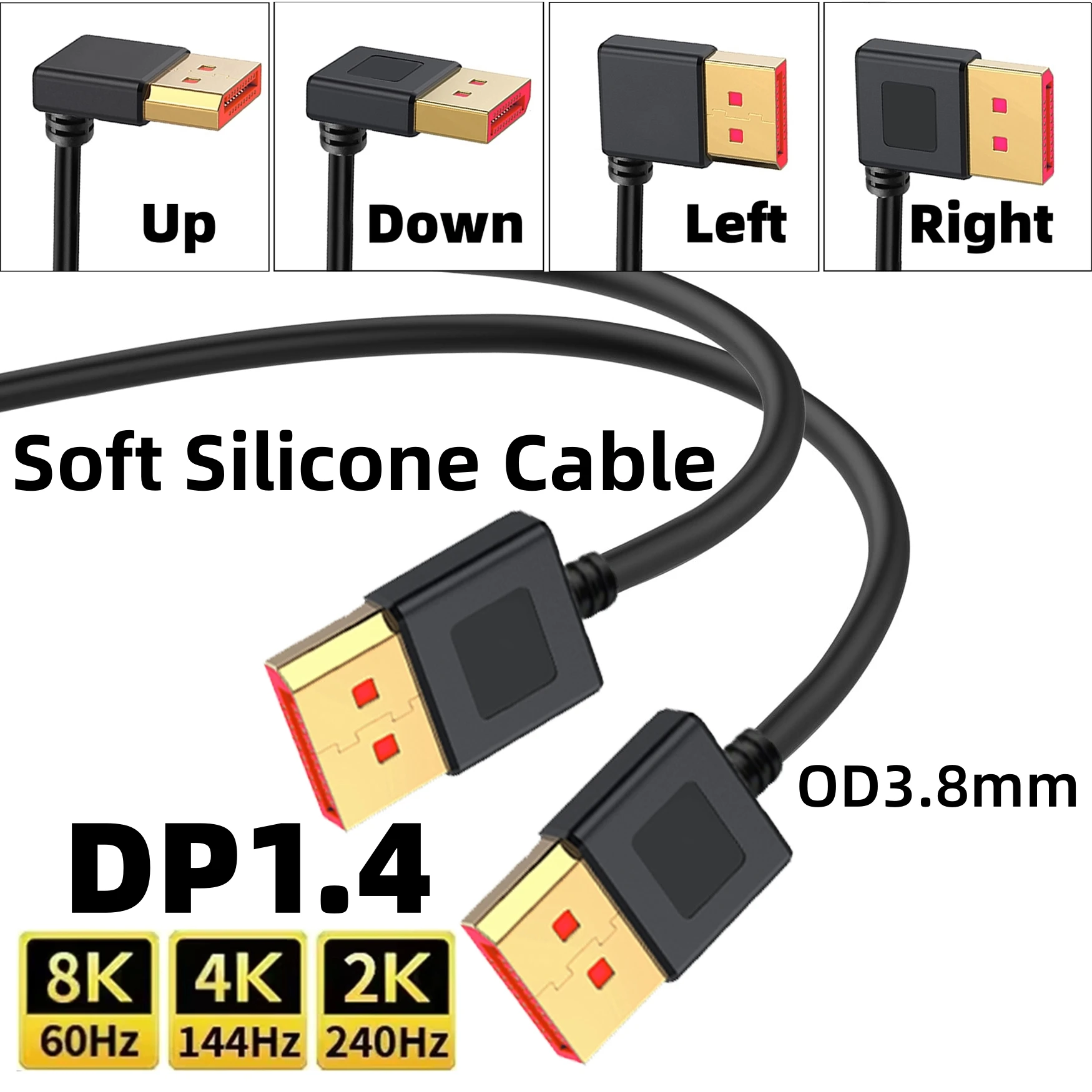 

8K@60Hz 4K@144Hz 2K@240Hz DisplayPort 1.4 Cable 90 Degree DP Male to Male Silicone Soft Cord for Laptop PC Gaming Monitor