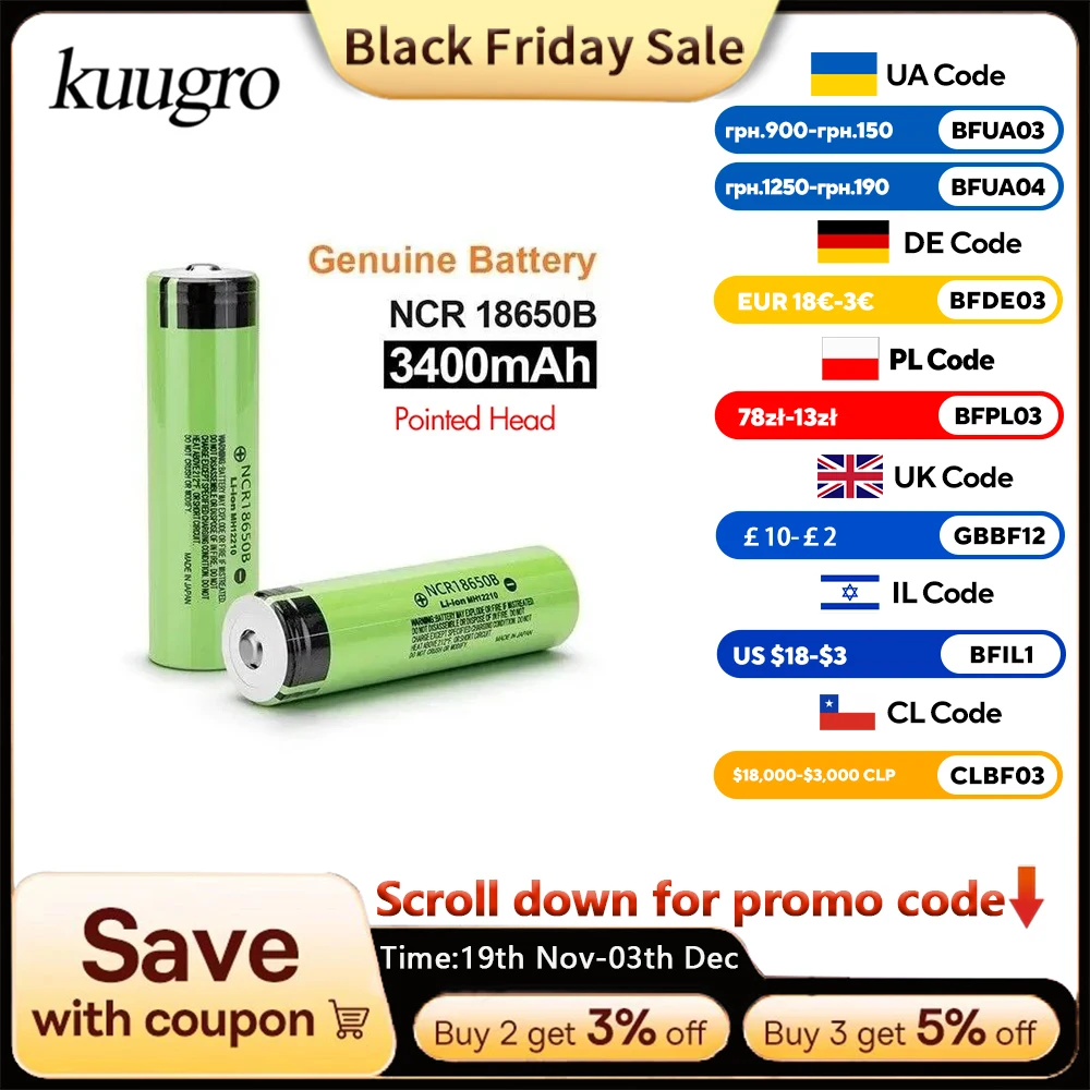 

100% New Original NCR18650B 3.7V 3400mAh 18650 battery Pointed Head Rechargeable Battery for Flashlight Portable Fan Razor