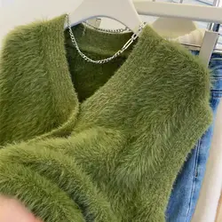 Soft Design Knitted Glutinous Mink Feeling Niche Lazy Autumn and Winter Women's Velvet Vest Top Cardigan Sweater Vest Loose Fit