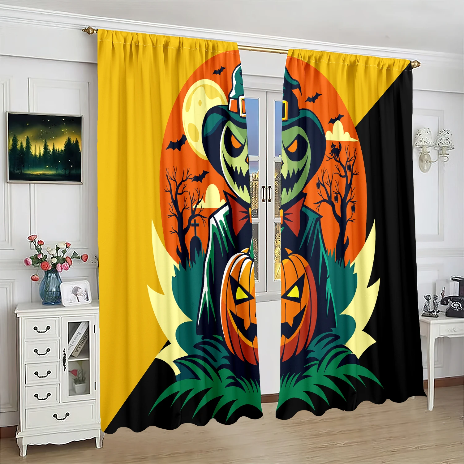 2 pieces - Halloween - Printed curtain - Polyester material - suitable for bedroom, living room, study private curtain