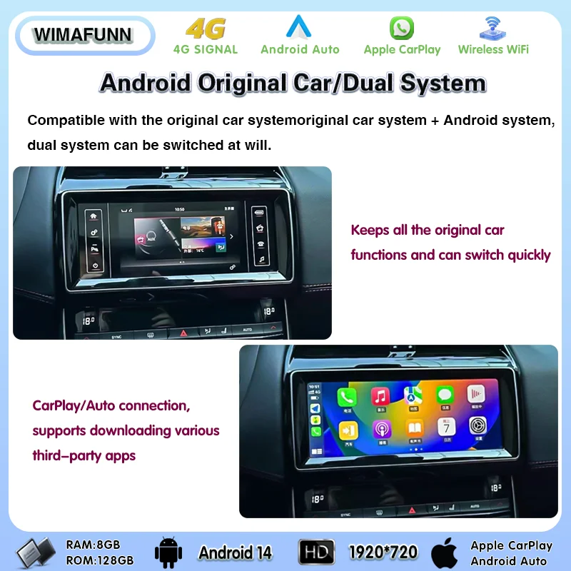 10.25" For Jaguar XE XEL F-PACE 2016-2019 Android 14 GPS Navigation Multimedia Player Wireless Carplay Android Auto OEM Menu - view 3