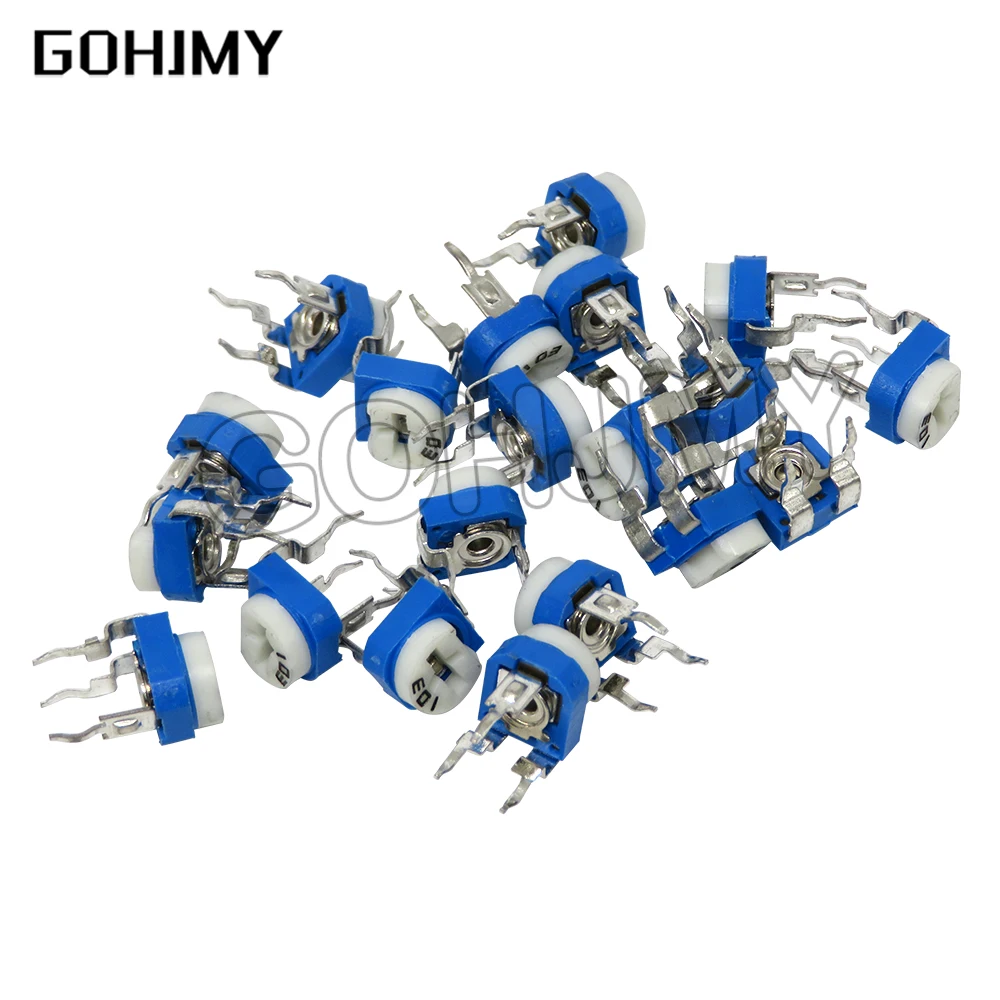20 sztuk RM065 potencjometr przycinarki regulowany rezystor 500R 1K 5K 10K 20K 50K 100K 200K 500K 1M RM-065 rezystory zmienne