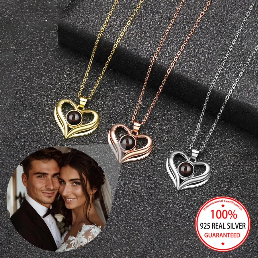 

925 Sterling Silver Custom Color Photo Projection Heart Pendant Necklace Elegant Couple Festival Gift For Girlfriend Wedding New