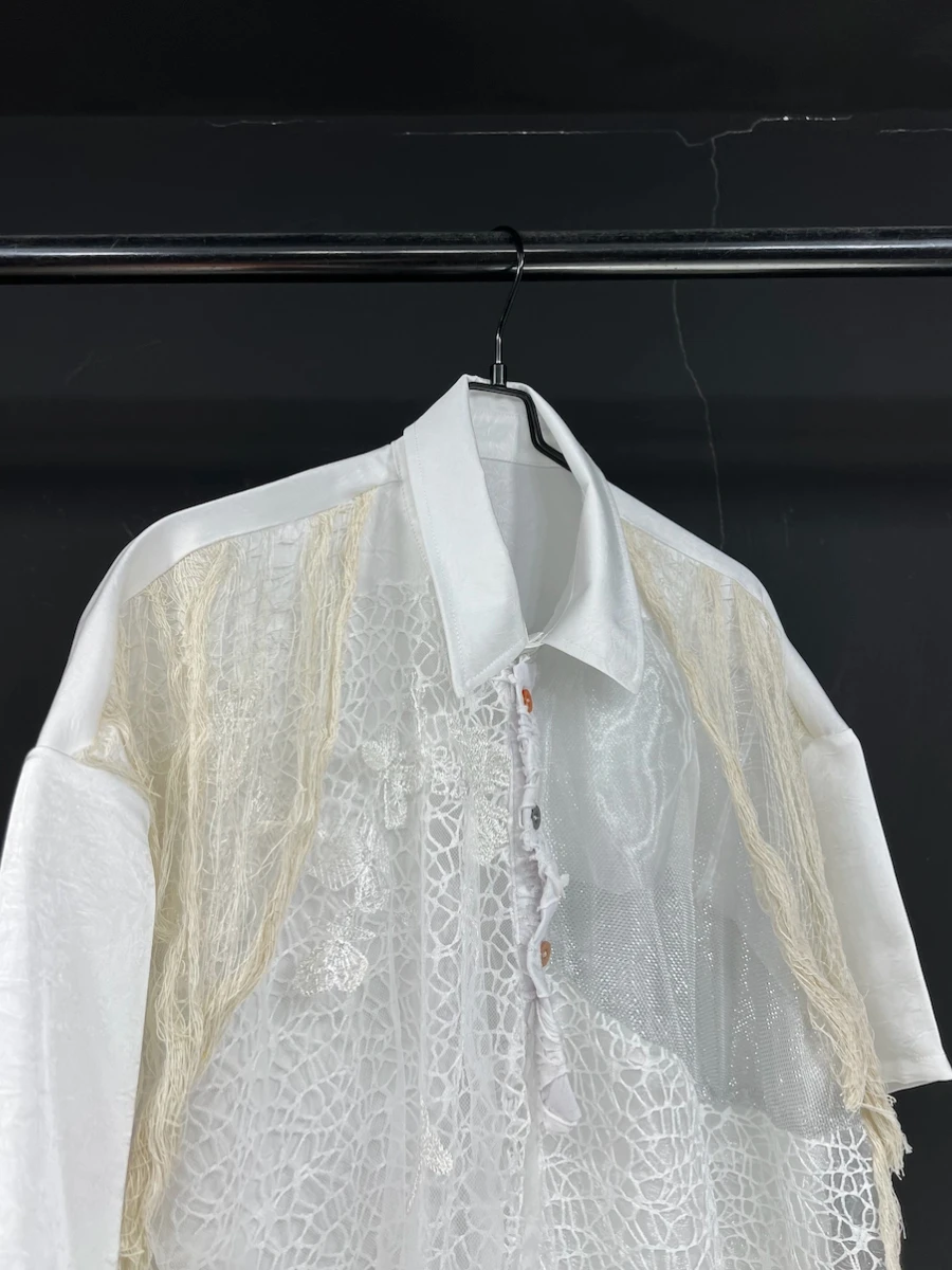 GALCAUR White Spliced Hollow Out Loose Shirt Female Lapel Short Sleeve Irregular Design Women's Shirts Summer New Style Fashion