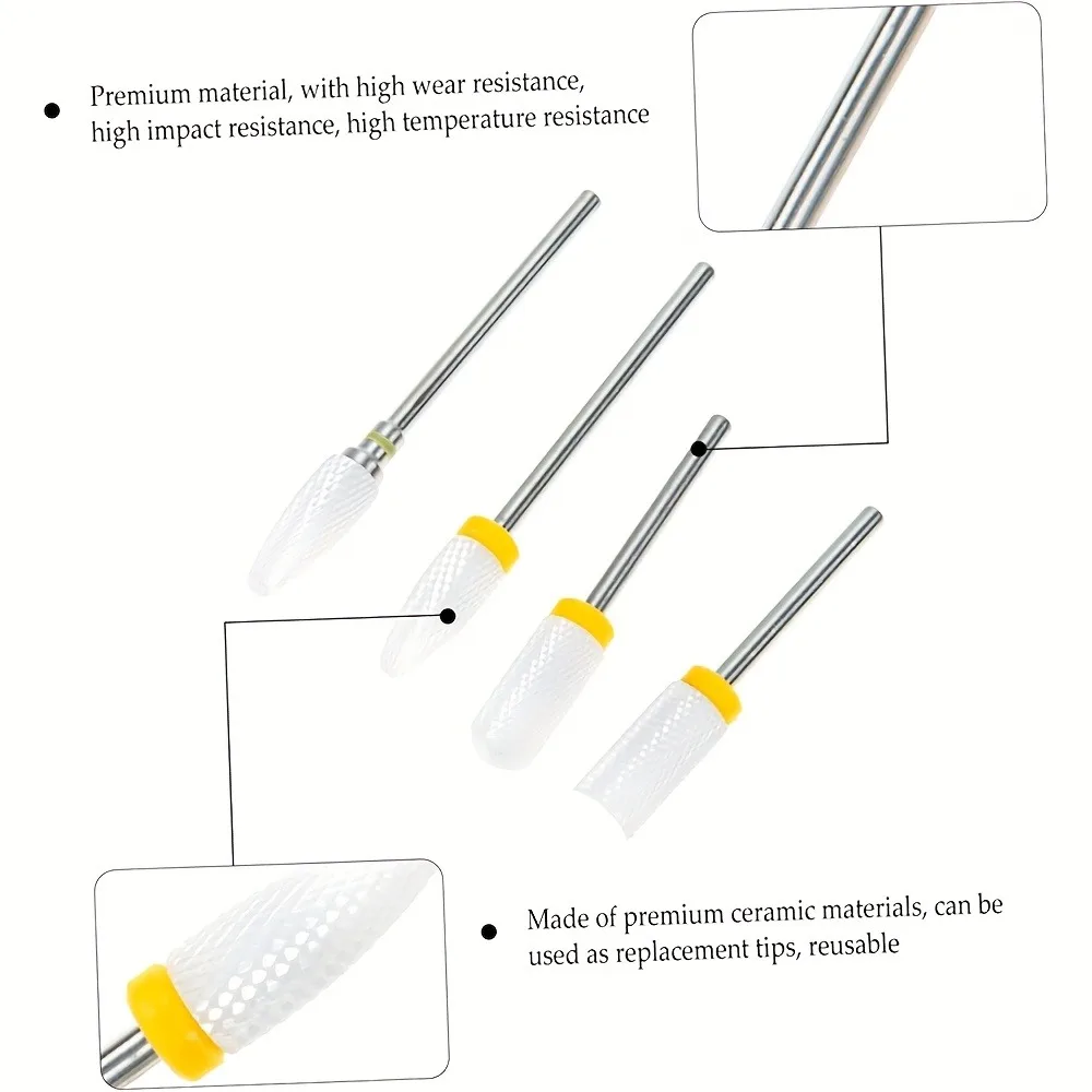 4 pcs Ceramic nail drill bit, cuticle care tool, suitable for polishing and removing acrylic nails and natural nail gel, durable