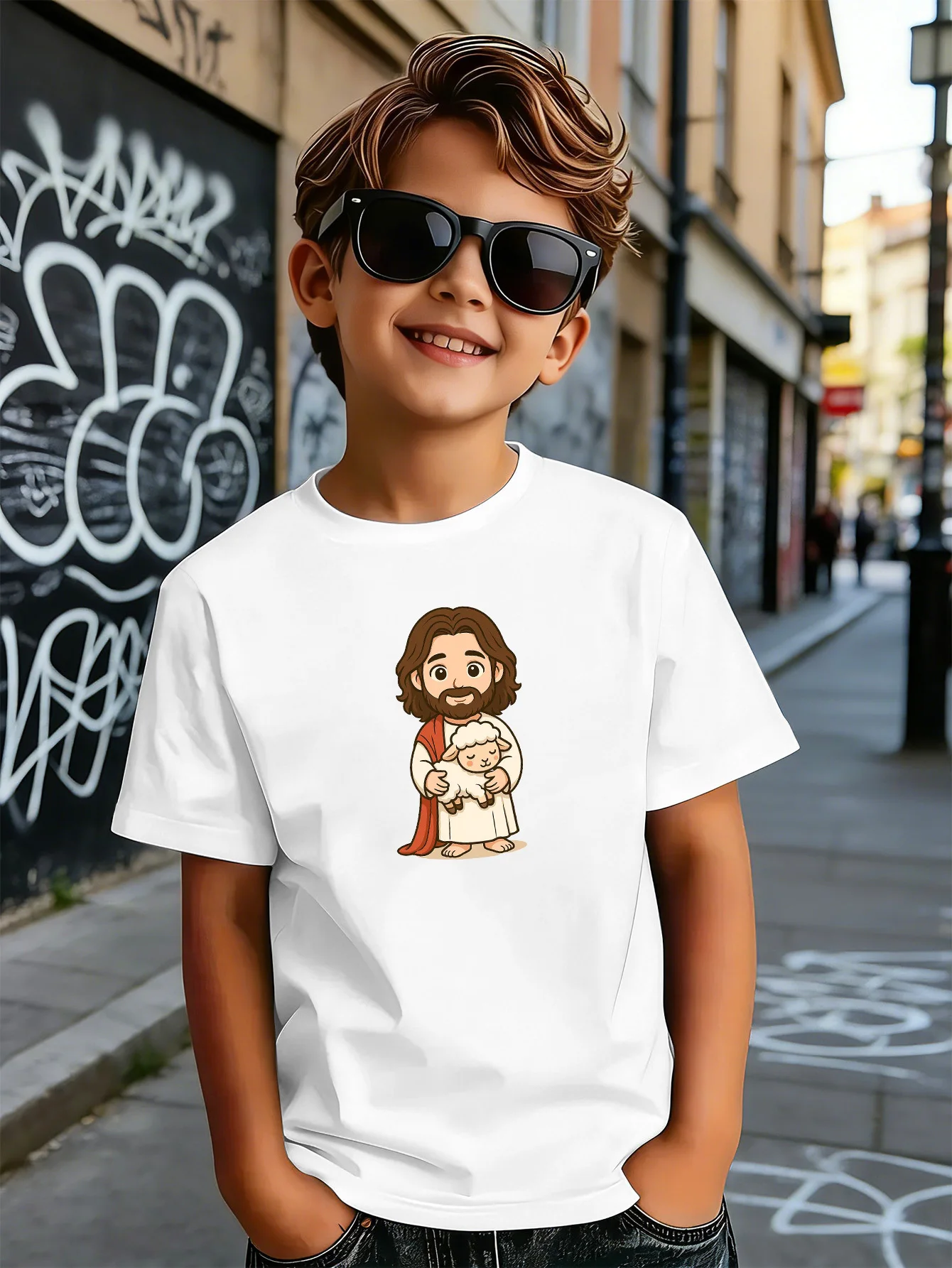 Cartoon Jesus With Lamb Graphic Print Boys Girls Family Matching Cotton Short Sleeve Crew Neck Soft Summer Kids Casual Tees