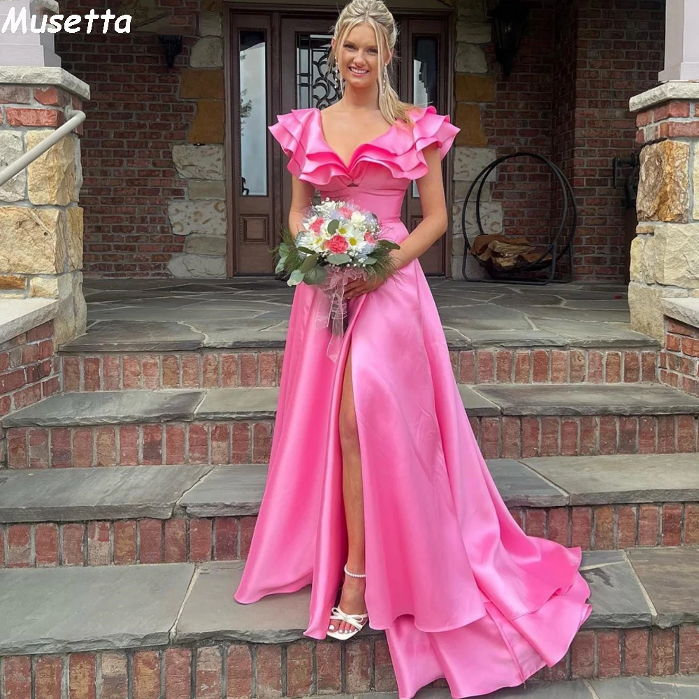 

Musetta Pink Prom Dresses Vestidos De Fiesta Satin High Slit Backless Homecoming Graduation Dress Ruffles Evening Gowns 2023