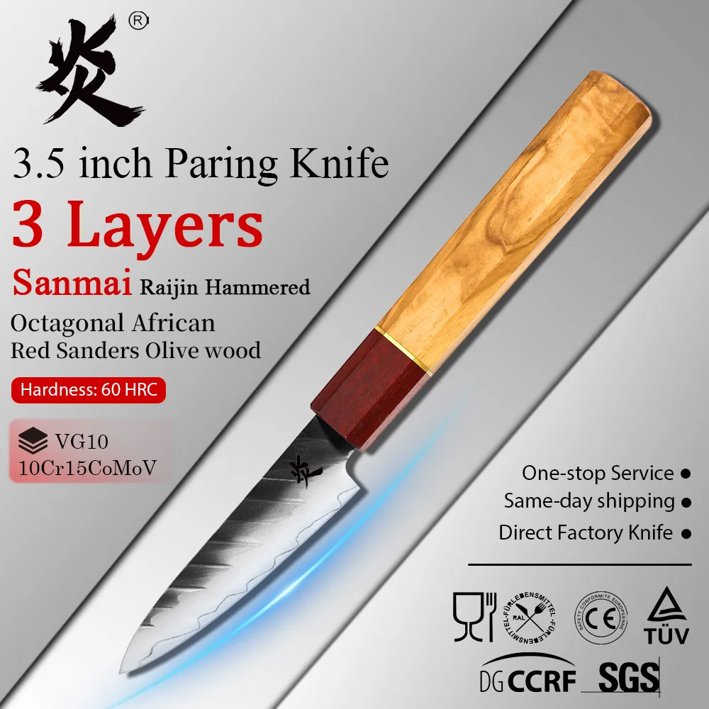 YAN 3 Layers Sanmai Damascus Steel VG10 Raijin Hammered Paring Knife Octagonal African Red Sanders and Olive Wood Handle