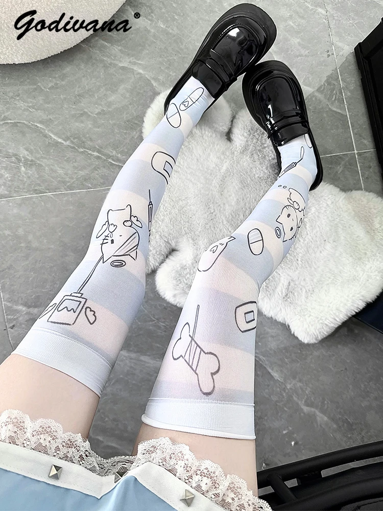 

Spring Summer Japanese Mine Cute Velvet Stockings Girl Women's Angel Pill Print Water Color Cos Thin White Above Knee Socks