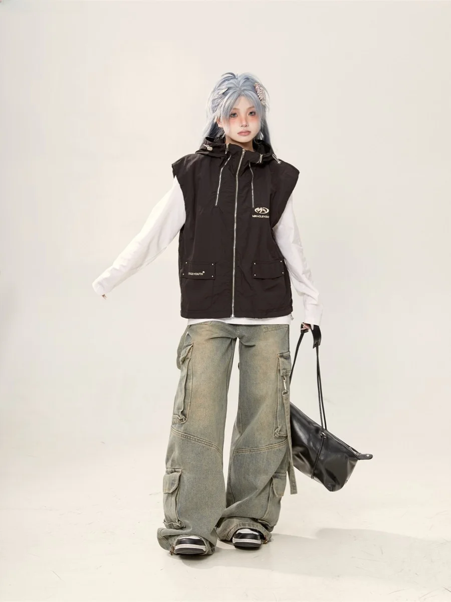 American High Street Style Women's Black Hooded Vest Jacket Spring Autumn Loose Workwear Zipper Sleeveless Small Size Trendy ...